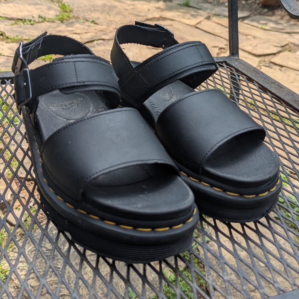 Dr. Martens Black Leather Platform Sandals with Yellow Stitching
